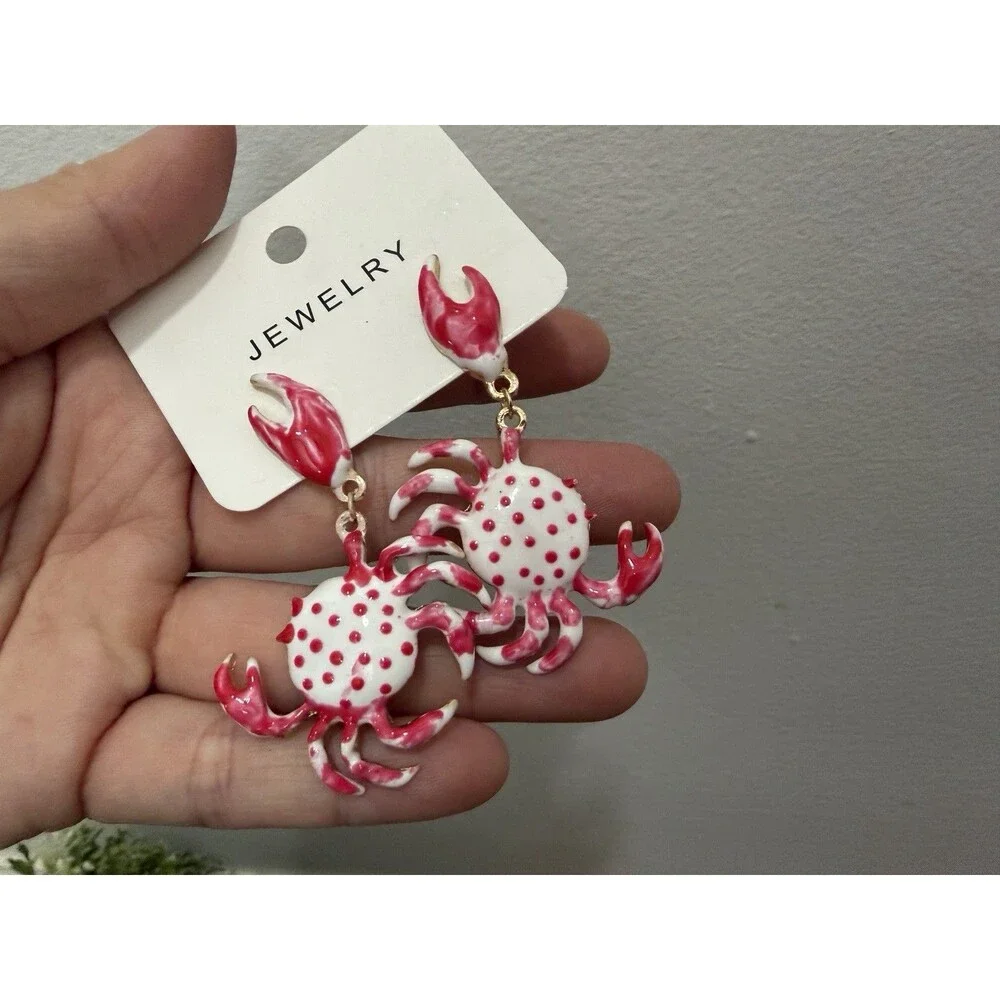 Pink White Polka Dot Ocean Crab Dangle Earrings Enamel Beach Jewelry NEW